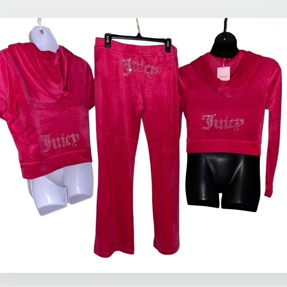 JUICY COUTURE VIXEN PINK RHINESTONE 3 PIECE VELOUR TRACKSUIT SWEATSUIT SET NWT